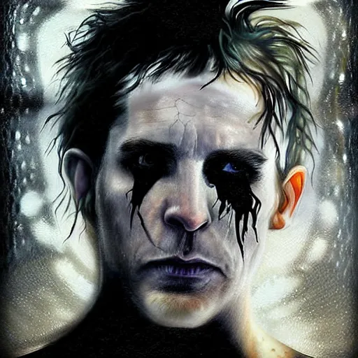 Image similar to stunning portrait of gaunt christian bale a ( the cure fan ) as dream from sandman, dim stars as eyes, by jeremy mann, by cedric peyravernay, by by russ mills, by richard avedon and ben templesmith, dramatic lightning, sadness, dark eye sockets, in the shadows, punk rock, gothic, high detailed, 8 k