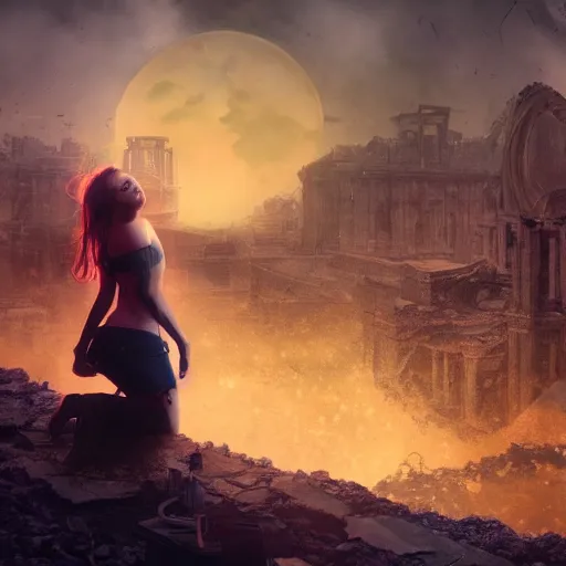 Image similar to A beautiful picture of a suicidal girl against the background of ruins of a destroyed city and a yellow -red moon, artstation, extremely detailed, stunning volumetric lighting, hyper realism, fantasy 4k