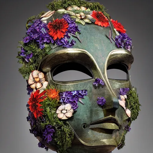 Prompt: a sculpture of a robot wearing a mask made of flowers, by annie swynnerton and diego rivera, symbolist, dramatic lighting, elaborate geometric ornament, art brut, soft cool colors, smooth, sharp focus, extremely detailed, adolf wolfli