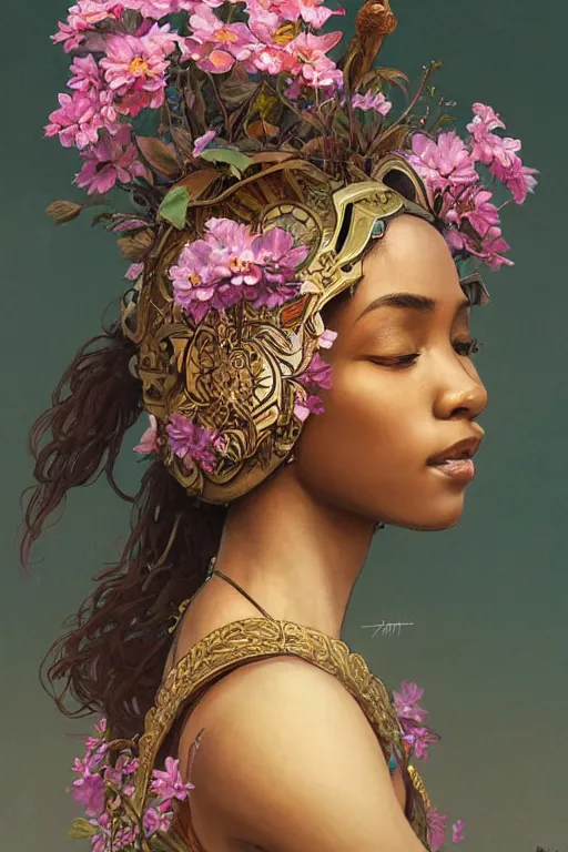 Image similar to ultra realistic illustration, beautiful swahili woman with flowers blossoming from helmet, elegant, highly detailed, digital painting, concept art, smooth, sharp focus, illustration, art by artgerm and greg rutkowski and alphonse mucha