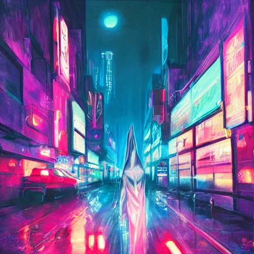 Image similar to cyberpunk neon city night with hooded figure painted by Turner