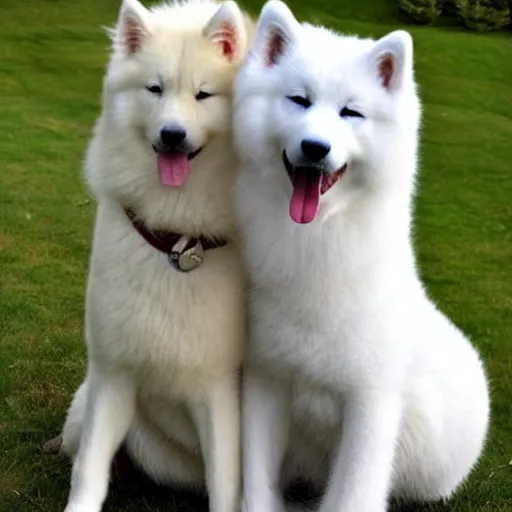 Prompt: A photo of a Samoyed dog with its tongue out hugging a white Siamese cat
