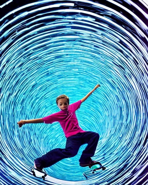 Prompt: a boy skateboarding inside a wormhole in a time bubble surrounding him, the wormhole is made of glass and particles, and the boy is doing a crooked-grind over a liquid metal rail expanding in the middle of the wormhole, space-blue color scheme
