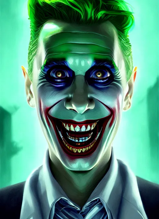 Image similar to portrait of jared leto as the joker, green hair, intricate, elegant, glowing lights, highly detailed, digital painting, artstation, concept art, sharp focus, illustration, art by wlop, mars ravelo and greg rutkowski