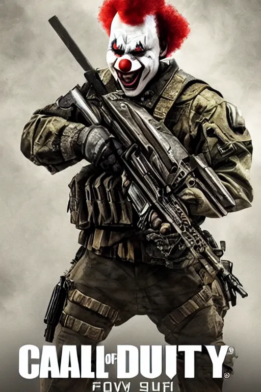 Prompt: call of duty cover art, goofy clown photo