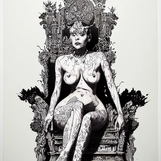 Image similar to salome full figure sitting on throne ink drawing by james jean very detailed high contrast xuan paper