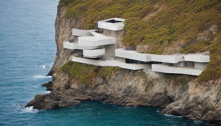 Prompt: coastal perched on a cliff overlooking a magnificient bay, big brutalism architecture on cliffs, drawing architecture, pritzker architecture prize, greig fraser