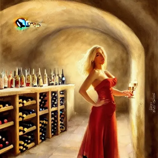 Image similar to beautiful blonde in hot dress in a wine cellar, food, pork, beer, schnapps, rustic, traditional, torches on the wall, watercolor by vladimir volegov, highly detailed, masterpiece, distance