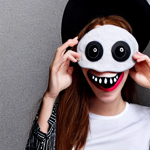 Prompt: alive hat with face eyes mouth and teeth on head, funny professional photo