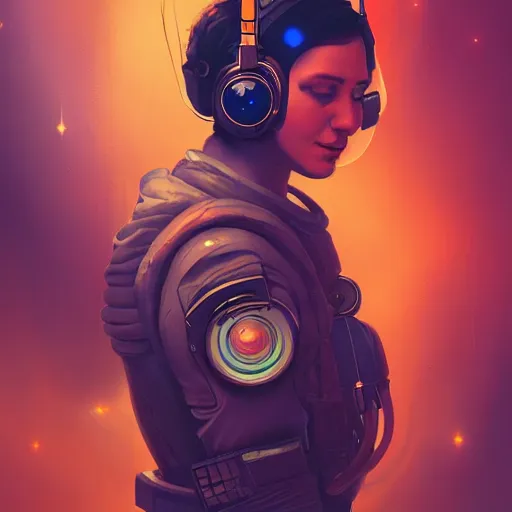 Prompt: a poster design of a solo cyberpunk cosmonaut wearing headphones in space, universe, cyberpunk, warm color, Highly detailed labeled, poster, peter mohrbacher, featured on Artstation