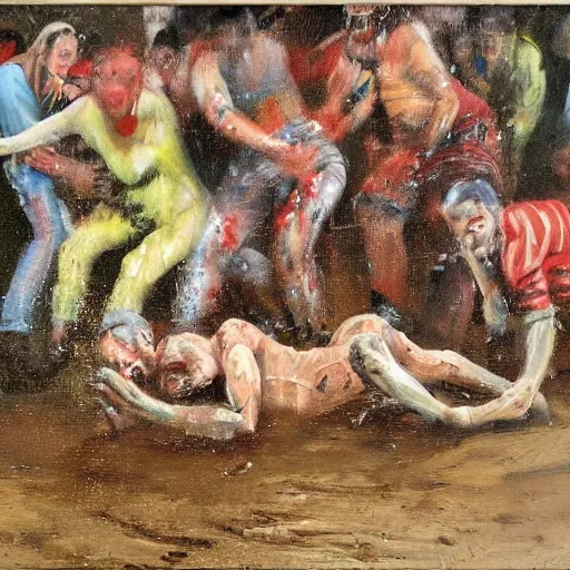 Image similar to 3 drunks fall over mud - wrestling,, where's wally, oil painted ( ( by francis bacon ) )