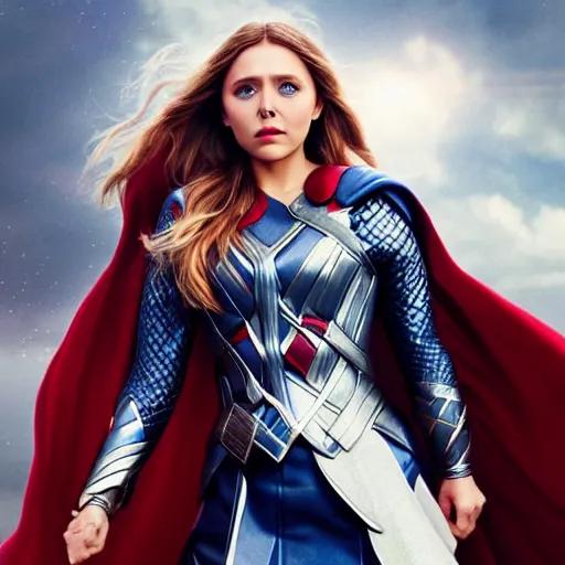 Prompt: Photorealistic art of Elizabeth Olsen as Mighty Thor, full body, action shot, high definition, cinematic, realistic