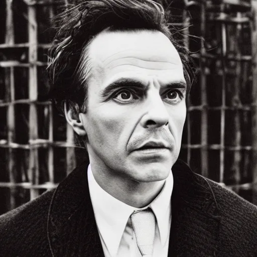 Image similar to Candid portrait photograph of Professor Moriarty standing on a bridge, accurate face, correct face, symmetrical face, taken by Annie Leibovitz