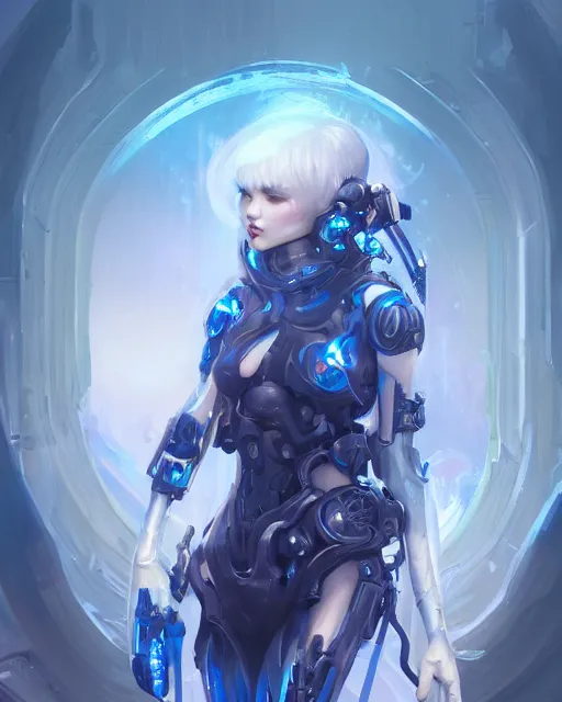 Image similar to holy cyborg necromancer girl, elegant, scifi, futuristic, utopia, garden, illustration, atmosphere, top lighting, blue eyes, white hair, beautiful, artstation, highly detailed, art by yuhong ding and chengwei pan and serafleur and ina wong