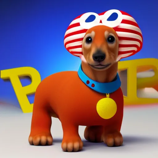 Image similar to cute daschund puppy wearing hot dog costume 4k 3d pixar render on white background