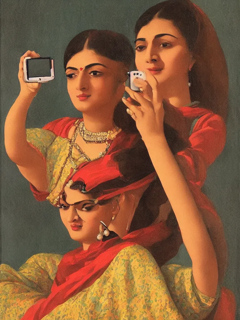 Prompt: a portrait of a lady using iphone and cliking selfie, painting by raja ravi verma