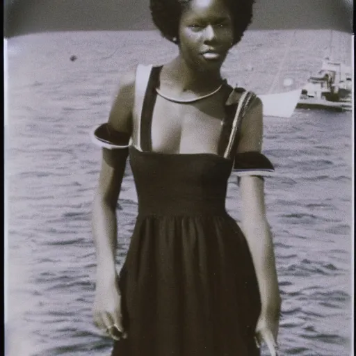 Image similar to a medium full shot, german and eastern european mixture polaroid photograph depicting a black woman with dark brown skin, long, swirling black hair, and jade colored eyes, on a sailing boat. she is wearing wearing a yachting dress ensemble in 1 9 8 2.