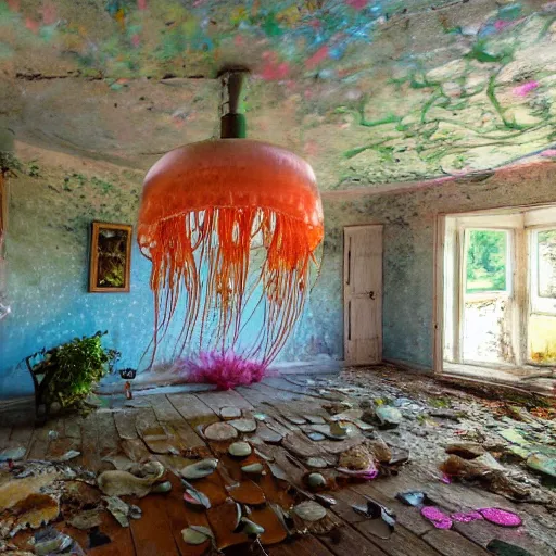 Image similar to abandoned cottage interior filled with iridescent jellyfish and lush coral