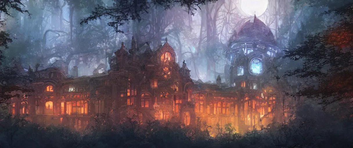 Image similar to huge academic castle city in the forest behind a garden, concept art, digital painting, style of jordan grimmer, warm lighting, futuristic, volumetric lighting, view from below, vivid colours, bright, nighttime, moon rays , high detail