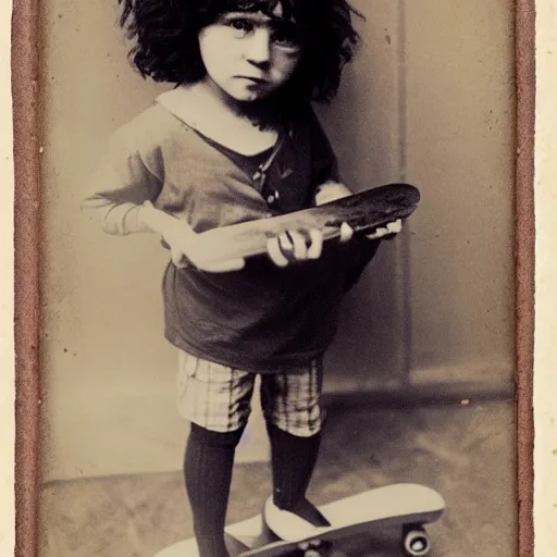 Prompt: a cute girl with curly black hair holding a skateboard, Daguerrotype