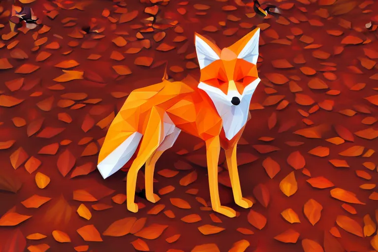 Image similar to super detailed long lowpoly fox standing on hyper detailed lowpoly autumn leaves