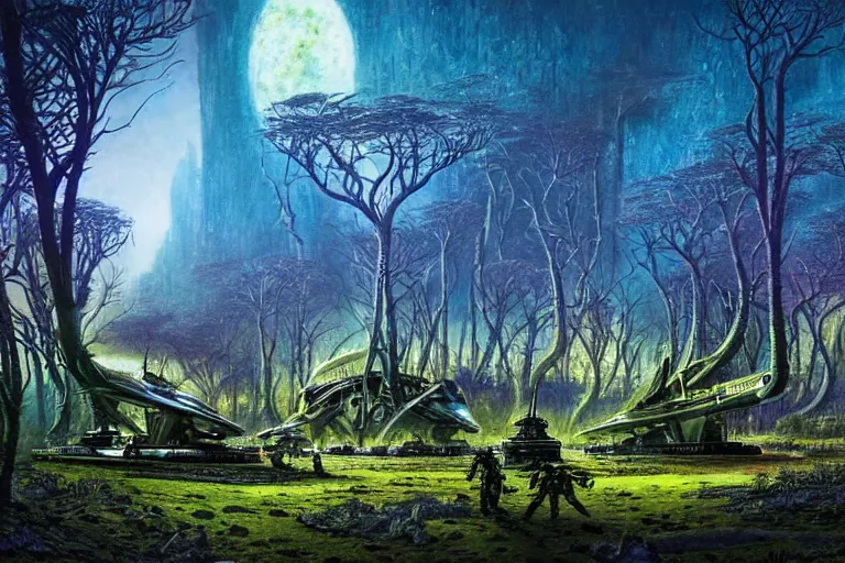 Prompt: Epic science fiction landscape. In the foreground is soldiers in battle-armor and a futuristic tank!!, in the background vibrant colourful alien trees and alien vegetation. An abandoned alien spaceship is between them. On the horizon a futuristic city. Vibrant colours, stunning lighting, sharp focus, extremely detailed intricate painting inspired by H.R. Giger and John Atkinson Grimshaw