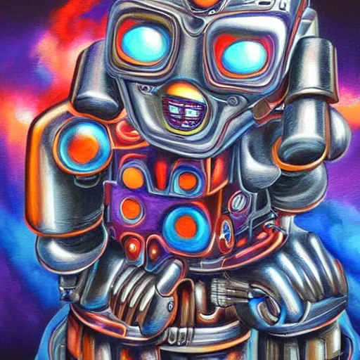 Image similar to robot gods, airbrush painting by in googy style, illustration, intricate detail, award winning work,