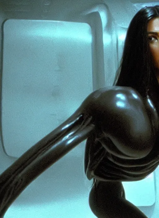 Prompt: film still of kim kardashian being held by an xenomorph in Alien.