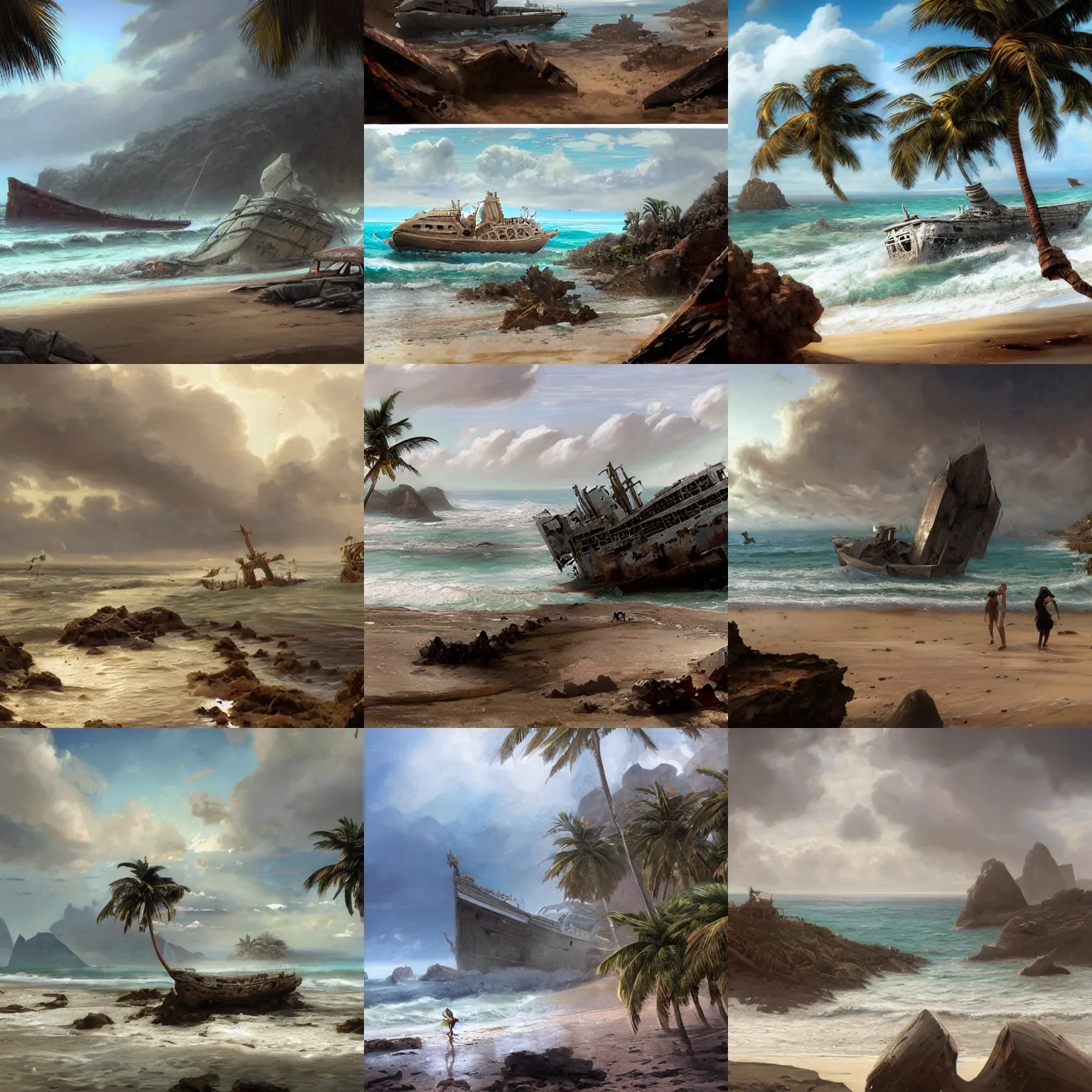 Prompt: many wrecked ships on the beach with palm trees and white stone ruins and high diagonal sharp rocks and bushes, cloudy weather, highly detailed, digital painting, artstation, concept art, smooth, sharp focus, illustration, ArtStation, art by giger and greg rutkowski and Hikari Shimoda and Edmund Blair Leighton and Charlie Bowater