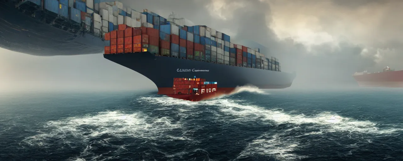 Prompt: paintifng of container ship containership colossus near misty black cliffs over steamy water, matte painting, detailed, amazing, 4k resolution