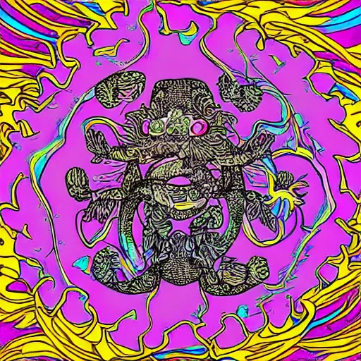 Prompt: detailed axolotl god on a yin yang background, psychedelic