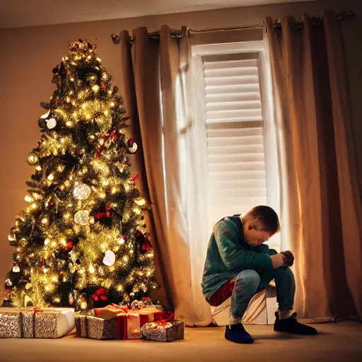 Prompt: a kid at christmas disappointed and sad that his present was a giant moai statue, his hands buried in his face, sitting down. | inside of a house next to a christmas tree, large present in the back