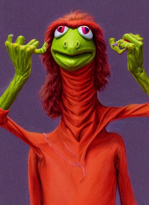 Image similar to portrait of Kermit the frog in Suspiria (1977), highly detailed, centered, solid color background, digital painting, artstation, concept art, smooth, sharp focus, illustration, Jason Edmiston, donato giancola, Joseph Christian Leyendecker, Les Edwards, Ed Repka, WLOP, Artgerm