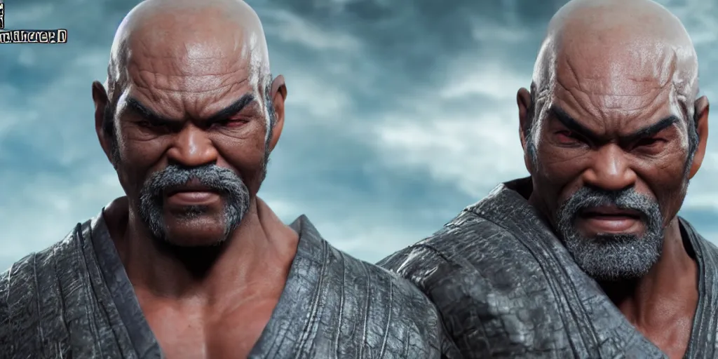 Prompt: a film still of a black man starring in a japanese blockbuster film as heihachi from tekken 7, shallow depth of field, cinematic, award winning cgi, vfx, film still