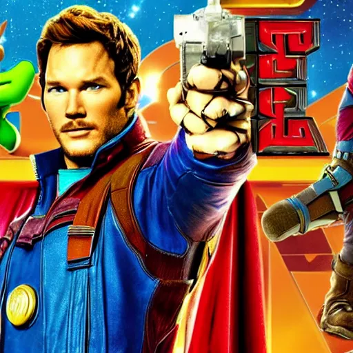 Prompt: Chris Pratt as Super Mario in a guardians of the Galaxy movie background