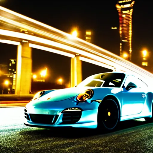 Image similar to photo of a porsche 9 1 1 at night in a city, cinematic, 4 k, long exposure photography, tokyo drift, fast and furious, film still, night photography, motion blur, lens flare, movie shot, light trail, distortion, wide angle, reflections