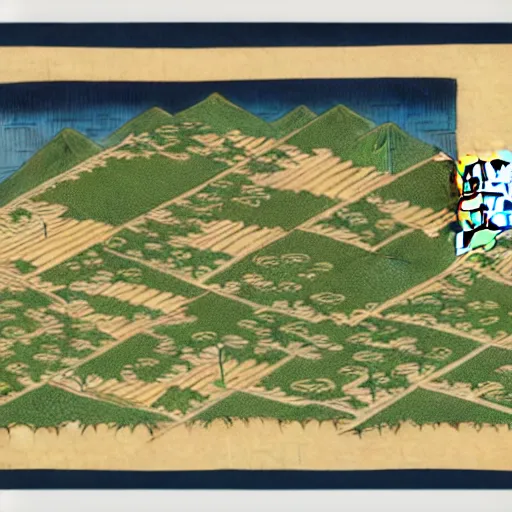 Image similar to 3d isometric botanical illustration of a human settlement in the mountain forest, diego rivera in Ukiyo-e style, HD