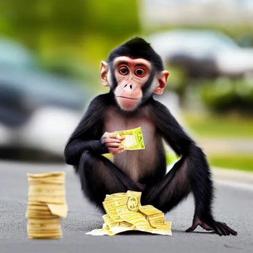 Prompt: photograph of a monkey dressed as a loan shark collecting money