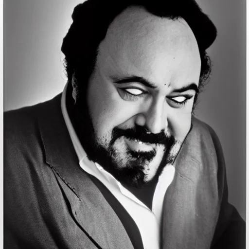 Image similar to black and white photo, portrait of Luciano Pavarotti by richard avedon, realistic, Leica, medium format, cinematic lighting, parallax, high resolution,