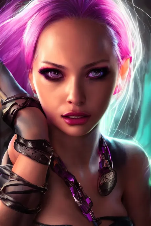 Image similar to ultra realistic facial portrait of jinx from league of legends, digital art, character portrait, highly detailed, trending on artstation, lens flare, atmosphere, hyper realistic, cinematic lightning, sharp focus, unreal engine 5, extreme details perfect face, pretty face, fine - face, illustration, 8 k, ultra texture, masterpiece