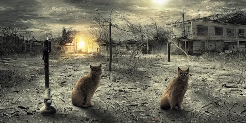 Image similar to a nuclear apocalypse with a lonely cat as the last survivor