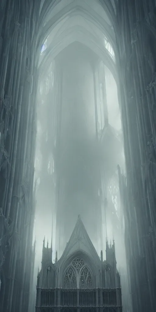 Image similar to epic cathedral!!!!!!!!!! interior!!! god-rays artstation atmospheric concept art cinematic digital fantasy gothic tall architecture haze!!! hazy smoke octane mood monks!!!