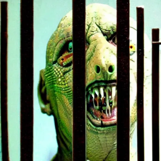 Image similar to humanoid scary lizard man in a prison cell, holding the bars and crying out for help