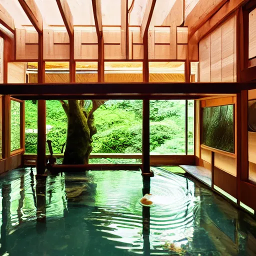 Image similar to inside a wooden Japanese house with a indoor koi pond, bonsai trees, stream flowing through the house, large wall aquarium with unseen marine life, peaceful, calm, atmospheric