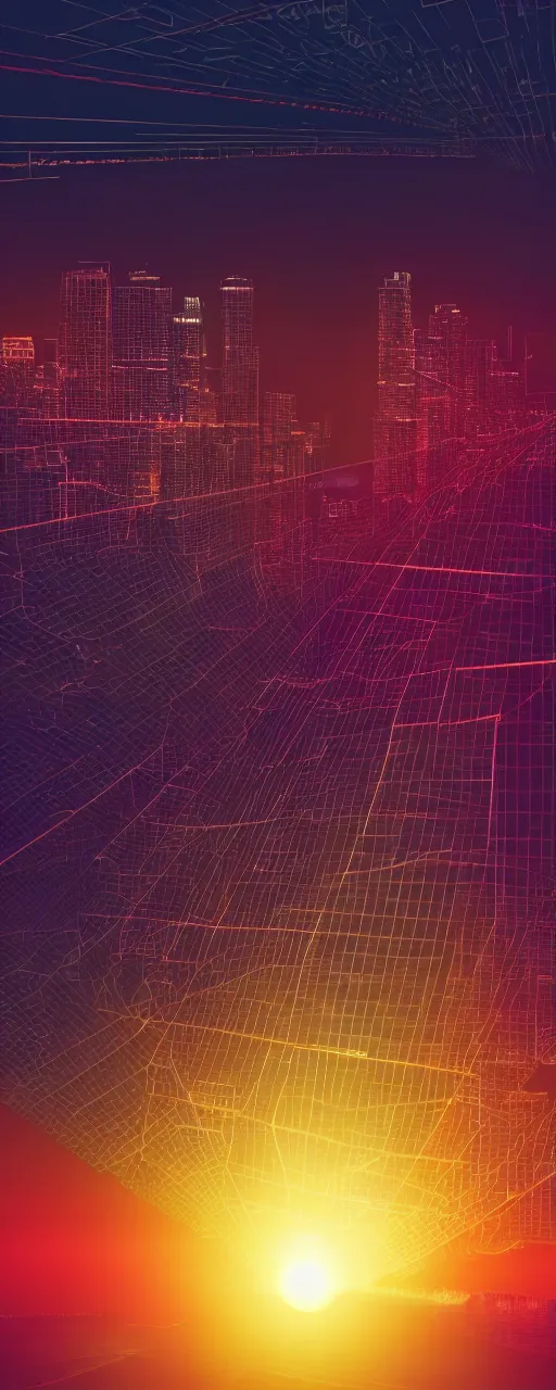 Prompt: night city, neon lights, retrowave grid, sunset