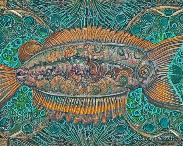 Image similar to hyperrealistic image of a beautiful fish, intricate ornamental gothic designs, heavily decorated, art by ernst haeckel, james jean,