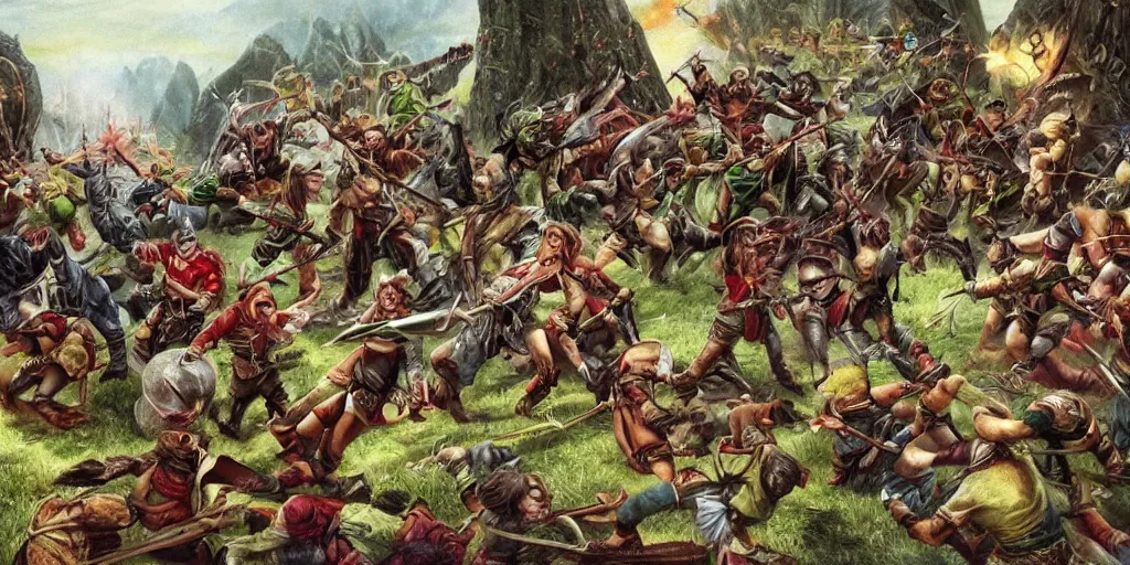 Image similar to elves and orcs are fighting , large scene , tragic