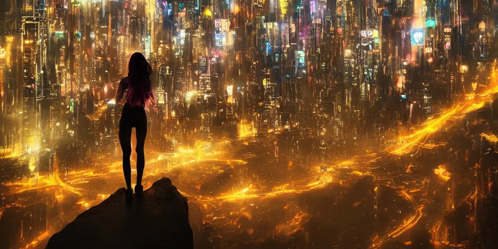 Prompt: A photo of a girl, standing on a hill, looking down at the neon cyberpunk city below, it is raining and turning night, trending on artstation, in the style of Prabhu B, 8k quality, high resolution, highly detailed