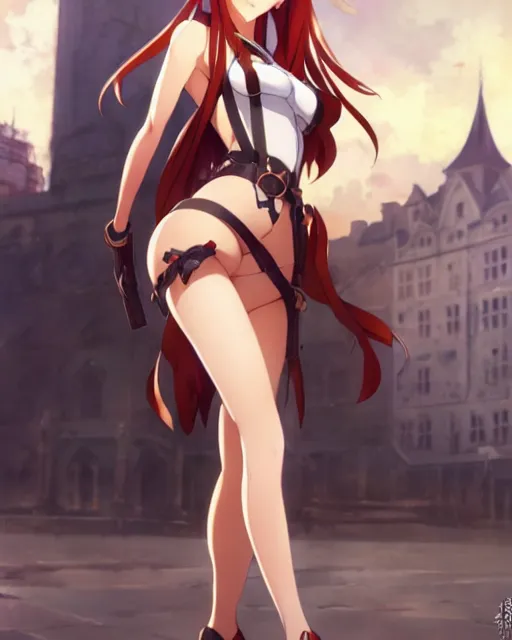 Image similar to pinup photo of asuna from sao in the crowded square of the city, asuna by a - 1 pictures, by by greg rutkowski, artgerm, gil elvgren, enoch bolles, glossy skin, pearlescent, anime, very coherent, sao style anime, flat