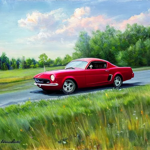 Prompt: blonde driving 1 9 5 0 ford mustang, swedish countryside, freedom, scenic, beautiful, painting by vladimir volegov